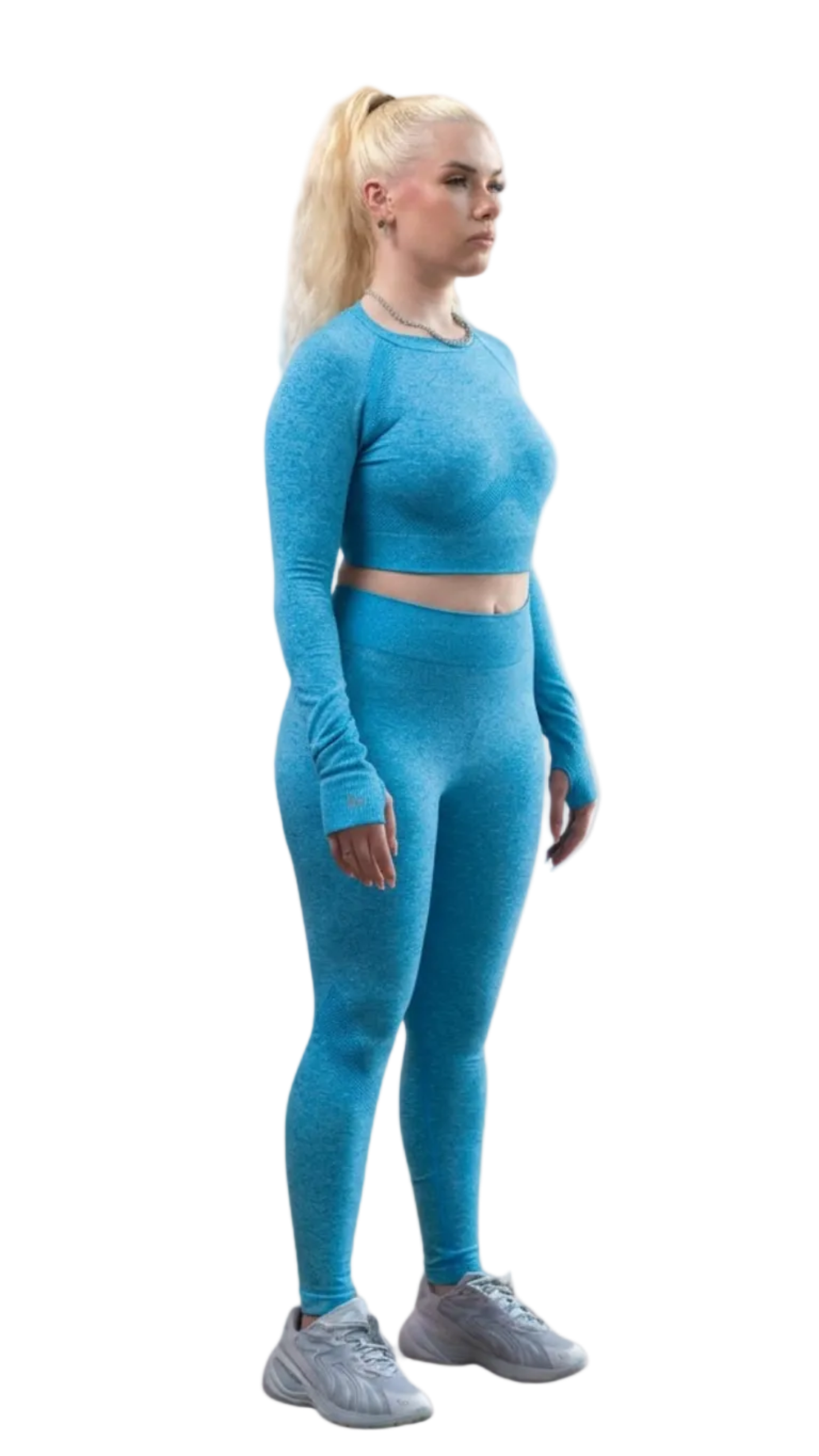 Woman wearing a blue athletic outfit on a white background